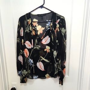 White House Black Market Floral Chiffon Sheer Blouse Size Small